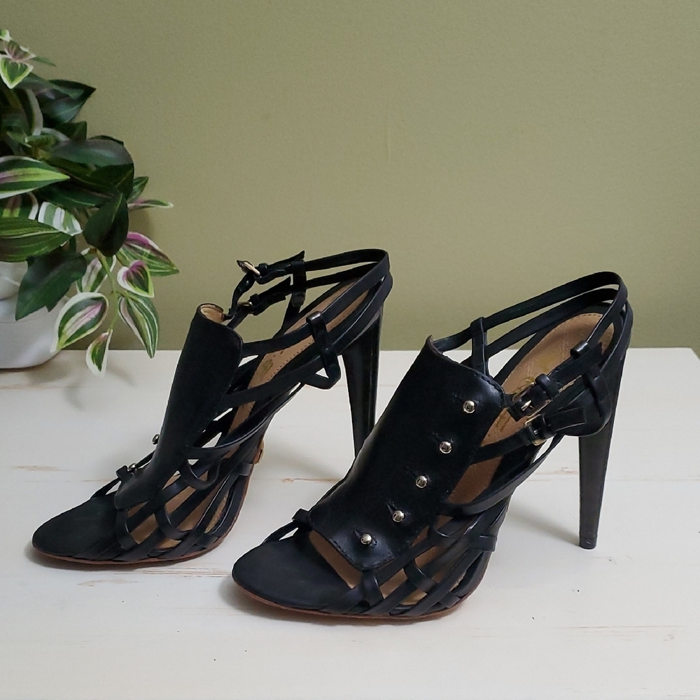 L.A.M.B. | Black Leather Open-Toed Strappy Sandals with Stiletto Heels Sz 7M